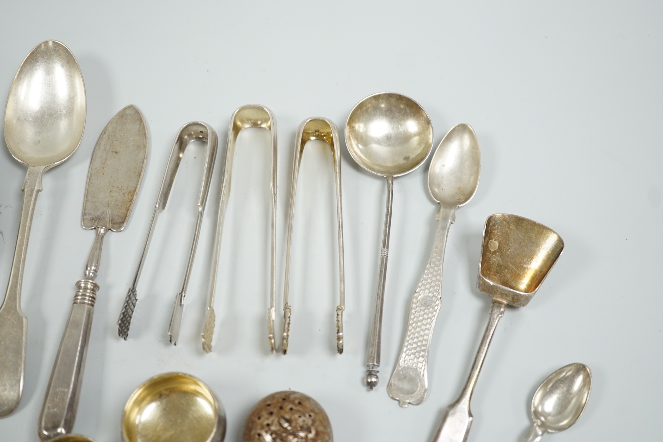 Miscellaneous white metal and plated cutlery including Russian and four small white metal salts including Russian and a plated dish.